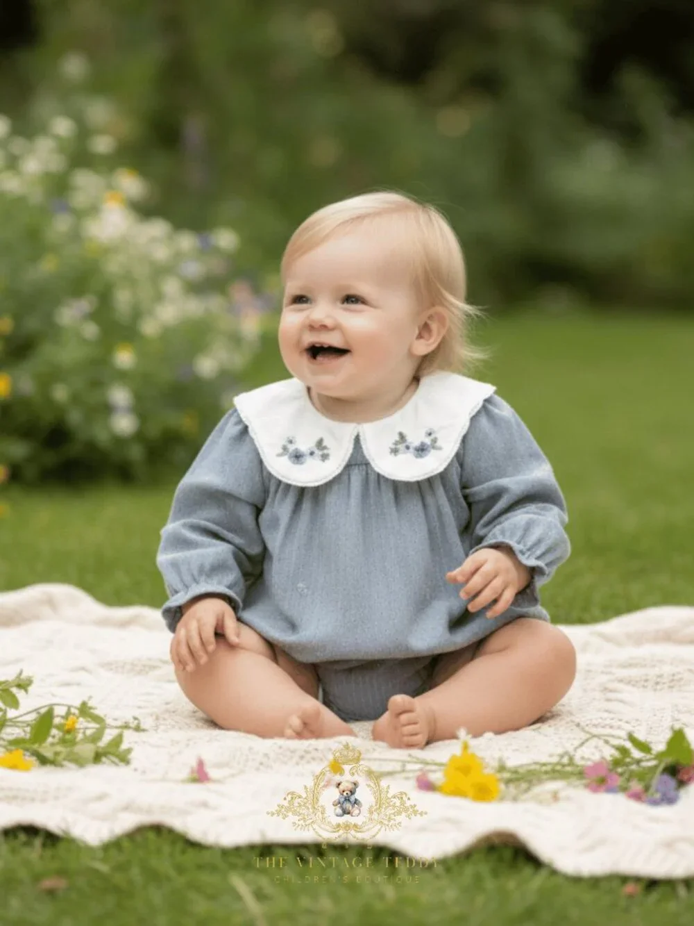 NWT Pretty Girls Floral Embroidered Bib Collar Long Sleeve Romper Corduroy 9-12M